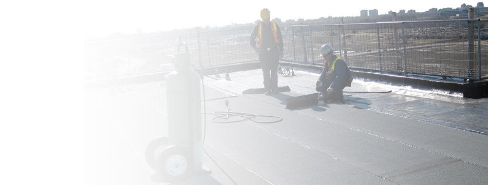 provincial roofing employees laying torch applied rubber membrane layer